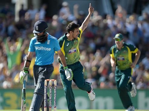 Health warning...Mitchell Johnson celebrates bouncing out Moeen Ali